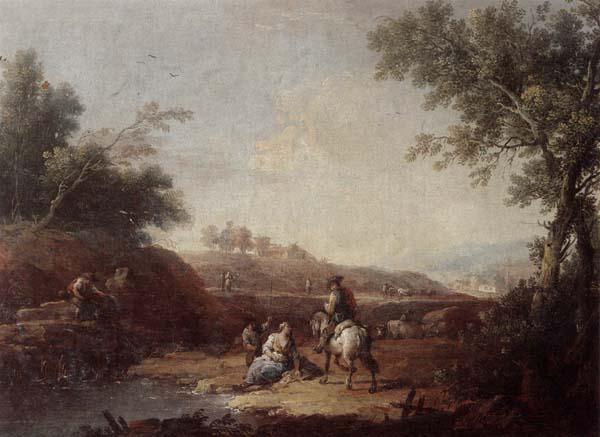 Giuseppe Zais An italianate landscape with fishermen and travellers resting beside a pool Sweden oil painting art